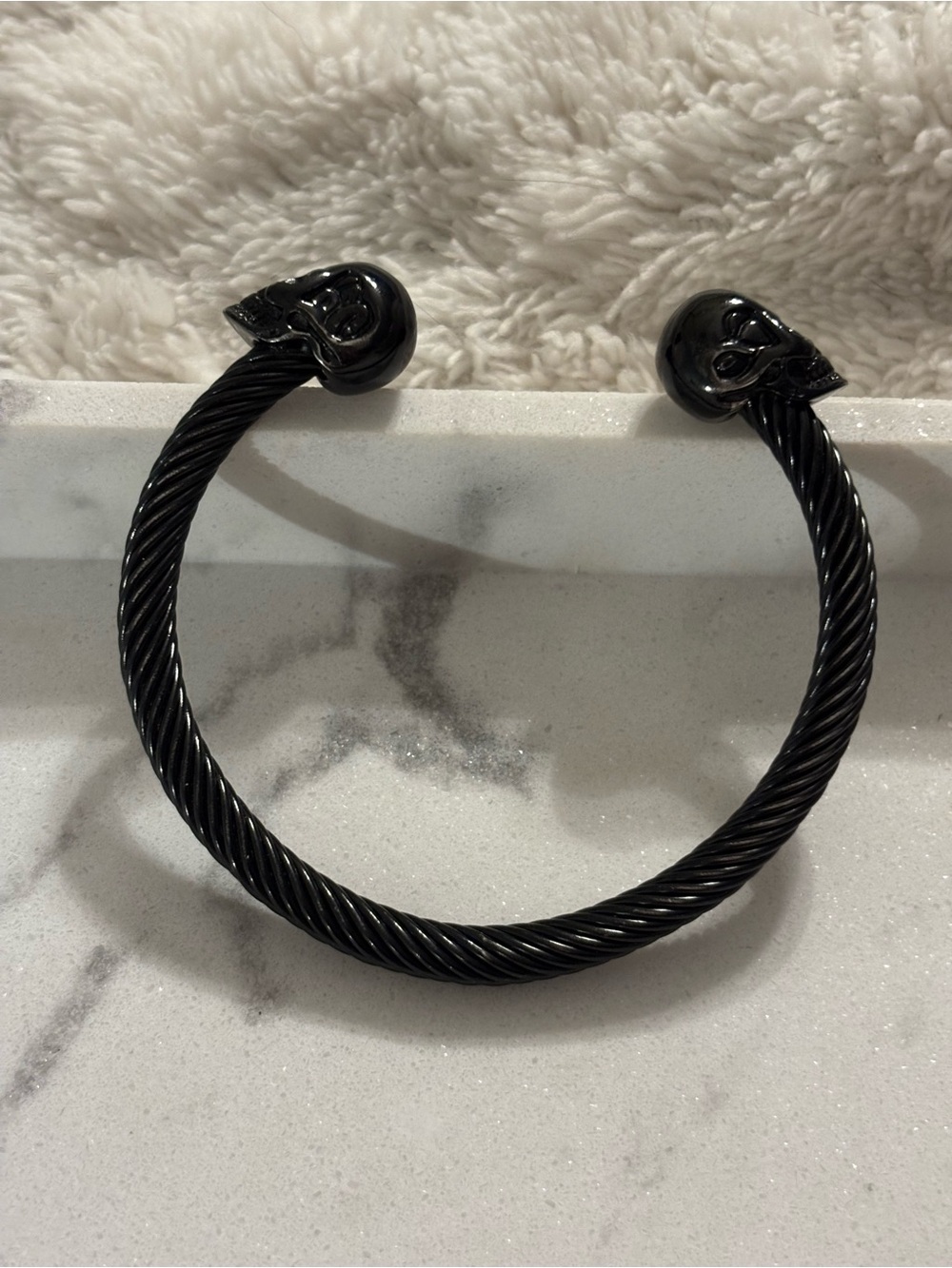 Men's Black Twisted Cable Cuff Bracelet with Skull End Caps